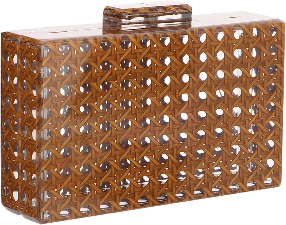 Boho Chic Woven Clutch: Rattan & Clear Acrylic Evening Bag for Women Unique Textured Summer Beach Purse Brown - Image 1 of 6