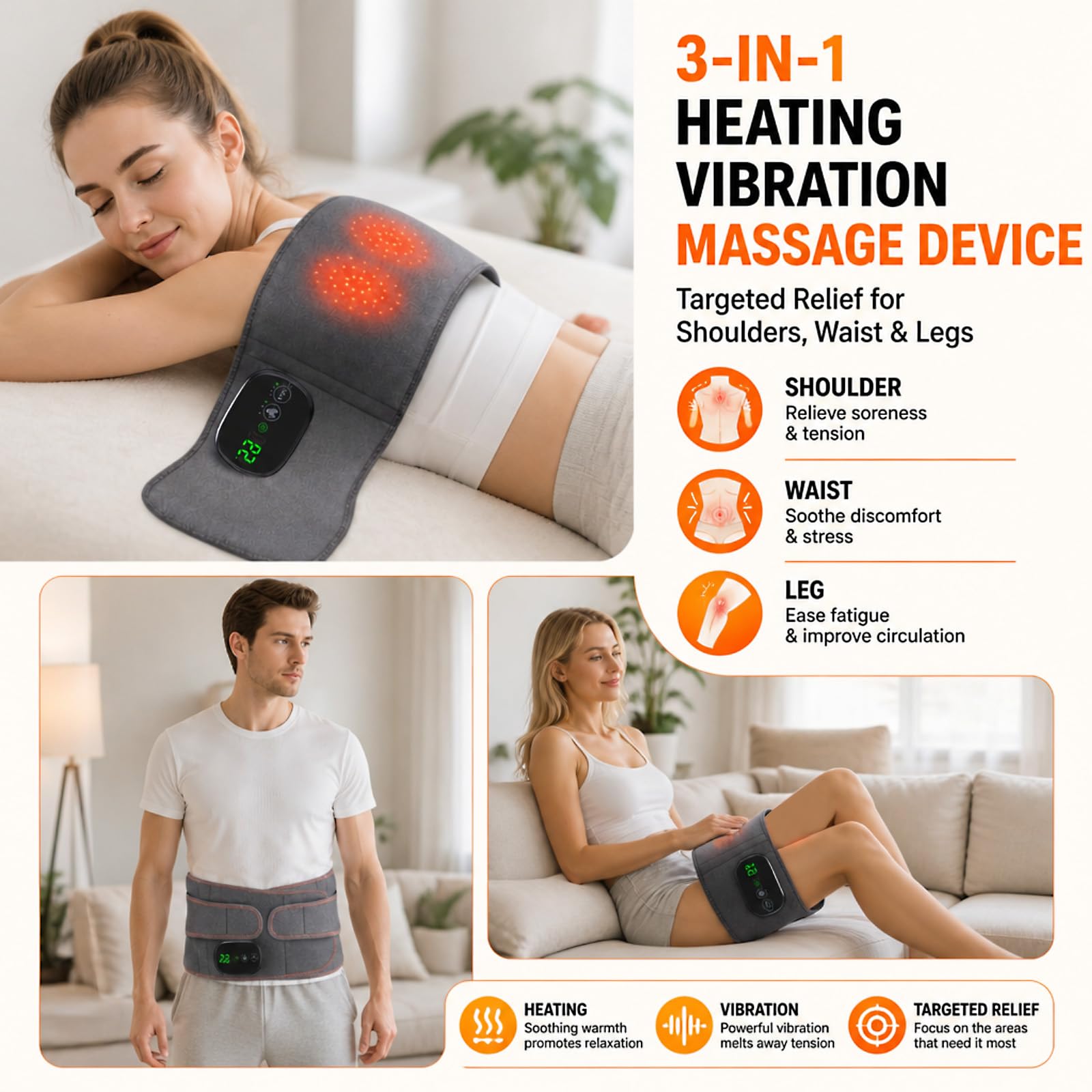 Cinturón térmico para espalda inalámbrico, con 3 niveles de calor y 3 niveles de vibración, batería de 5000 mAh, pantalla táctil, calentador de espalda, cinturón de masaje, almohadilla térmica para