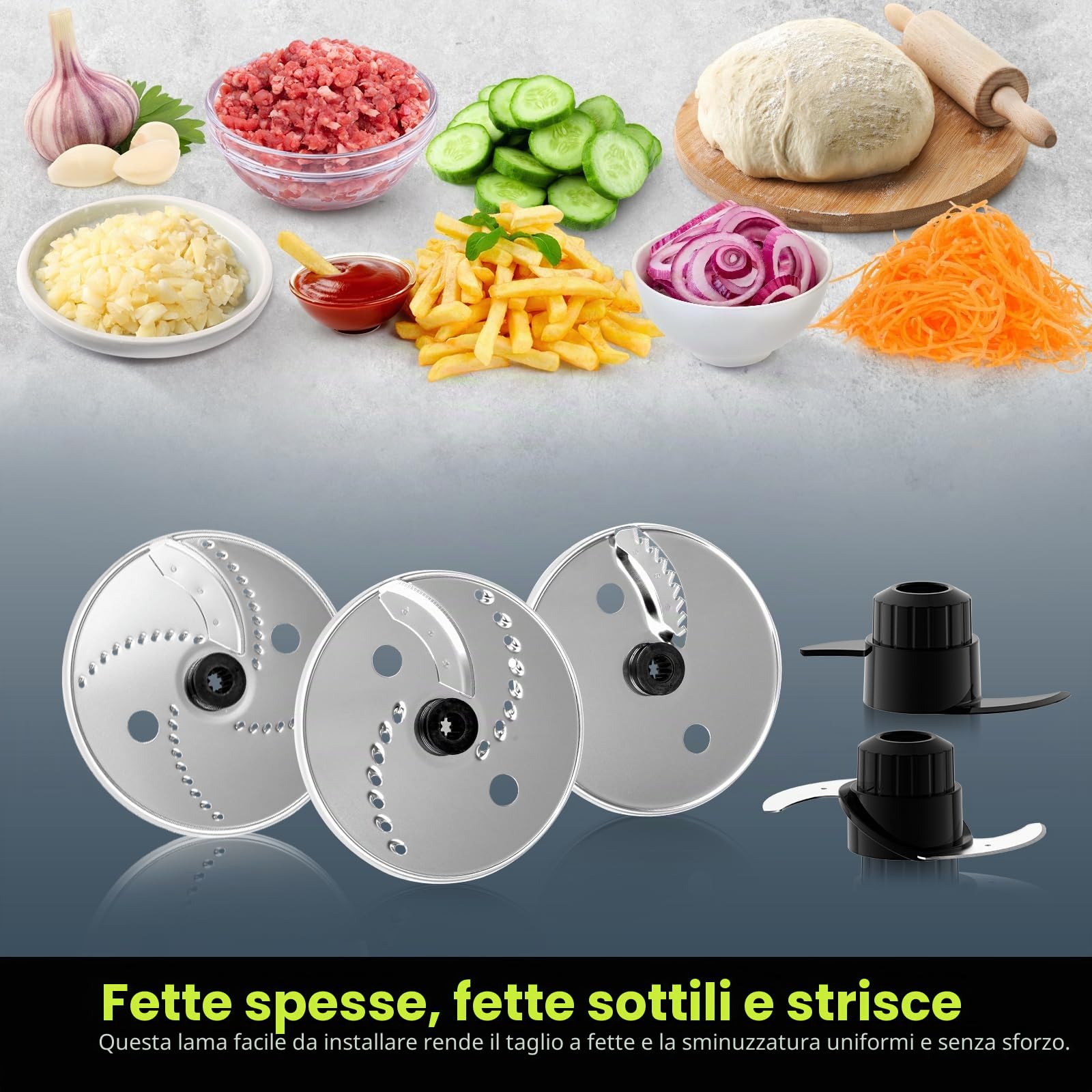 Howork Robot da Cucina multifunzione 1500W, Multifunzione di Grande Capacità, Per Tritare, Affettare, Sminuzzare, Tritare, Frullare, Sminuzzare,Farcire e Impastare, Acciaio Inox Argenteo