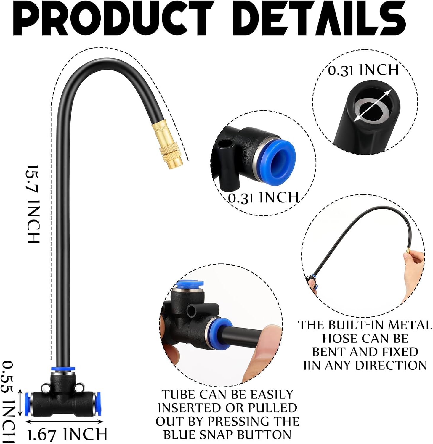 Zonon 15 Pcs Brass Misting Nozzles Tee with 16" Built in Hose for 0.32"/8 mm Tubing 360 Degree Rotation Adjustable Water Mister Nozzle Thread Sprayer Misting Part Accessories for Patio Outdoor Cooling