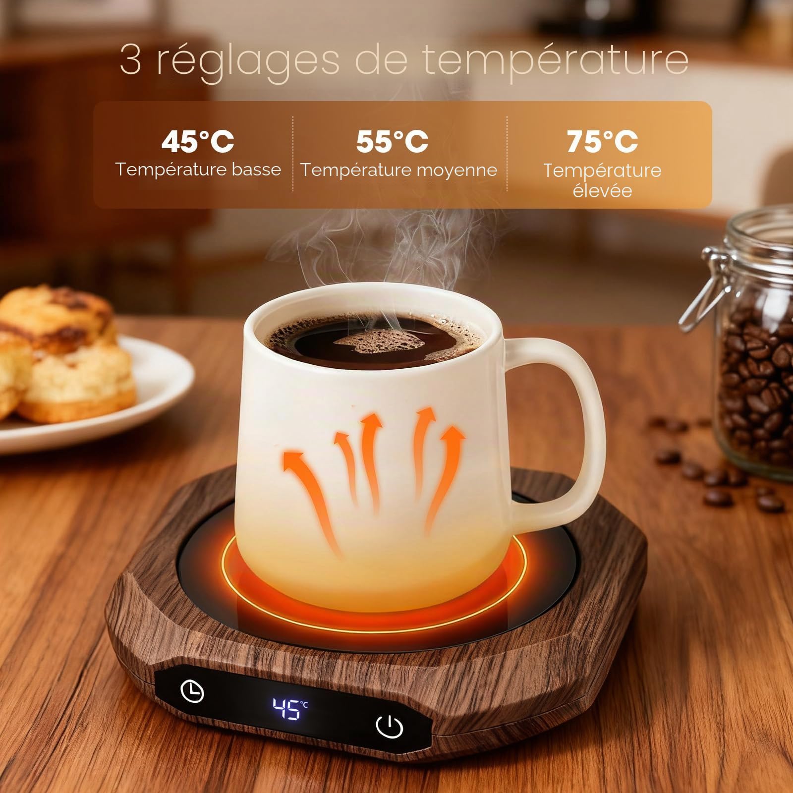 Chauffe Tasse, Chauffe café pour Bureau, Chauffe-Tasse à café,1-12H arrêt Automatique,Chauffe-Bougie Intelligent avec 3 réglages de température, Chauffe-Boisson électrique (Marron)