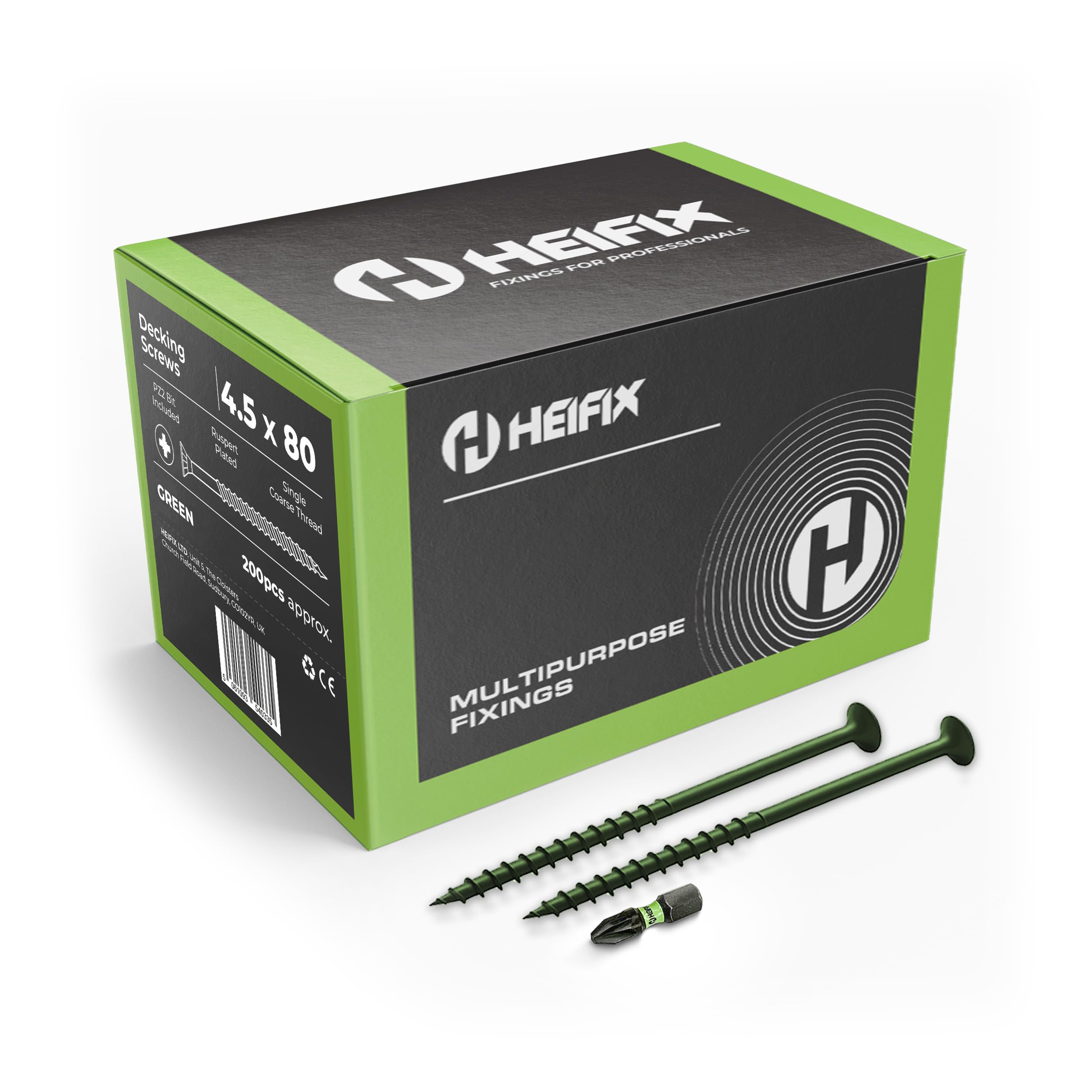 Heifix Decking Screws Pozi Countersunk - FREE Screw Bit Included (QTY 200, 4.5 x 80mm)