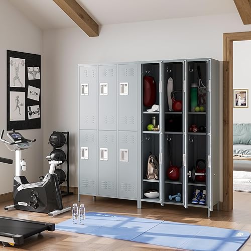 Miniatura 2 de MIIIKO Taquillas metálicas de 2 niveles de 3 anchos, 72 x 36 x 16 pulgadas con 6 compartimentos, armario grande para empleados con estantes, puertas