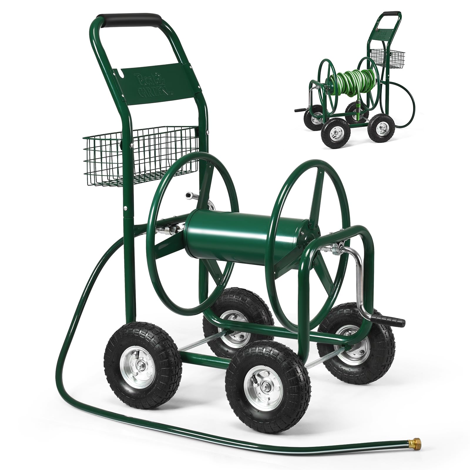 RELAX4LIFE Carrello Avvolgitubo da Giardino, Carrello di Irrigazione Mobile con Ruote ø26cm in Gomma e Cestino Portaoggetti, 95 x 62 x 113 cm