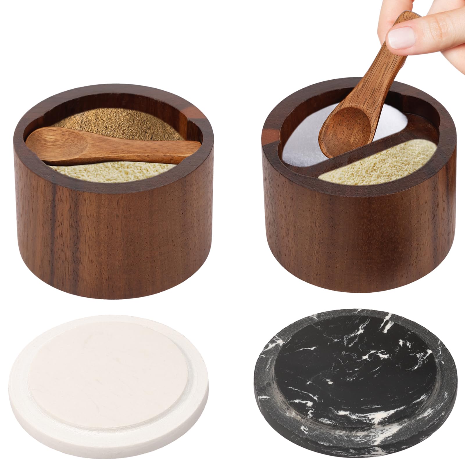 WAMEITF 2 Pcs Salt Ccellar, Built in Spoon, Ssalt Pigs for Kitchen, Stone, Wood, Elegantly Salt and Pepper Pinch Pots for Holding Sugar, Pepper, Spices, Bath Salts(2 grids)