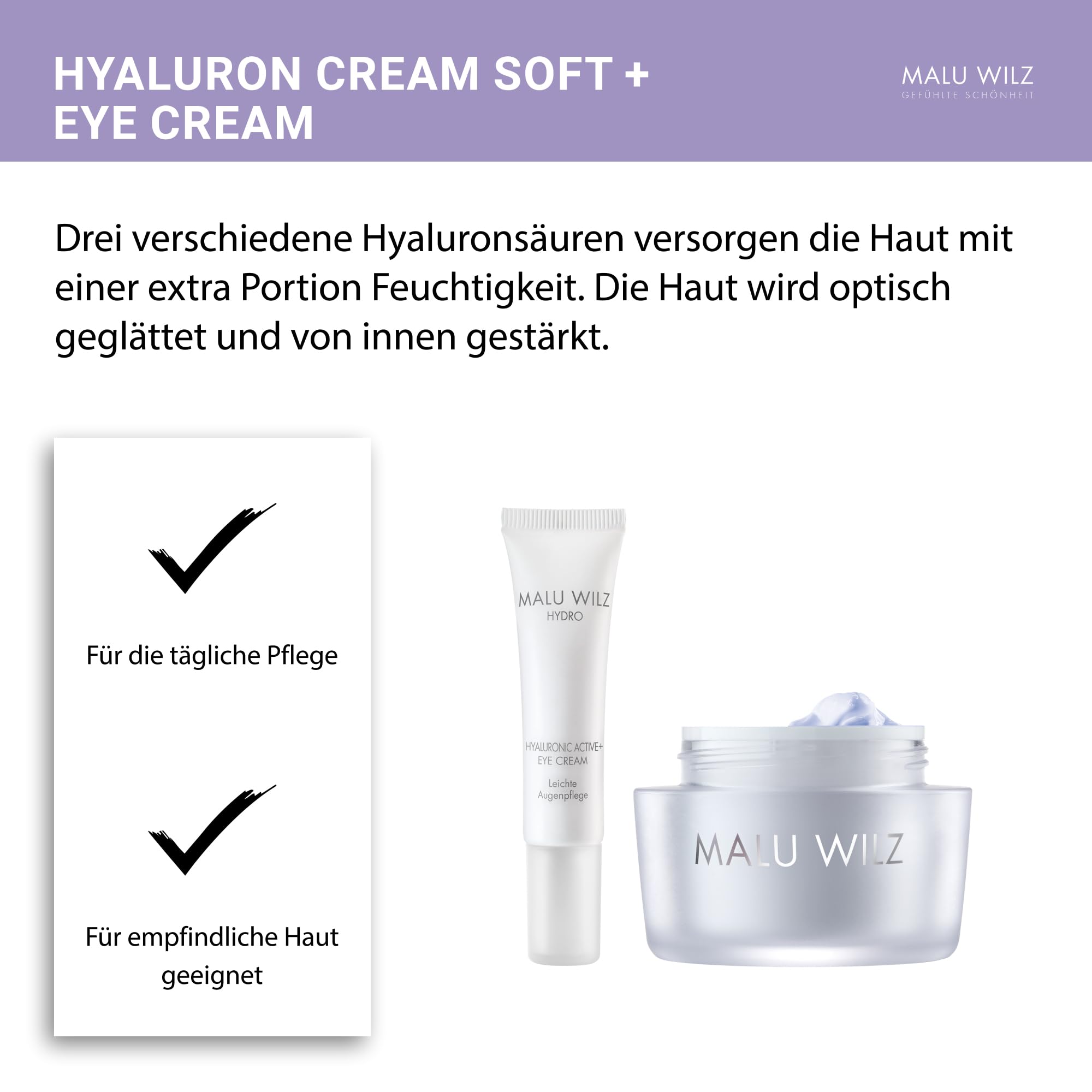 Malu Wilz Bundle Hyaluronic Active + Cream Soft 50ml + Eye Cream 15ml I Erfrischende Skincare Gesichtspflege-Creme & Augenpflege-Serum mit Hyaluron