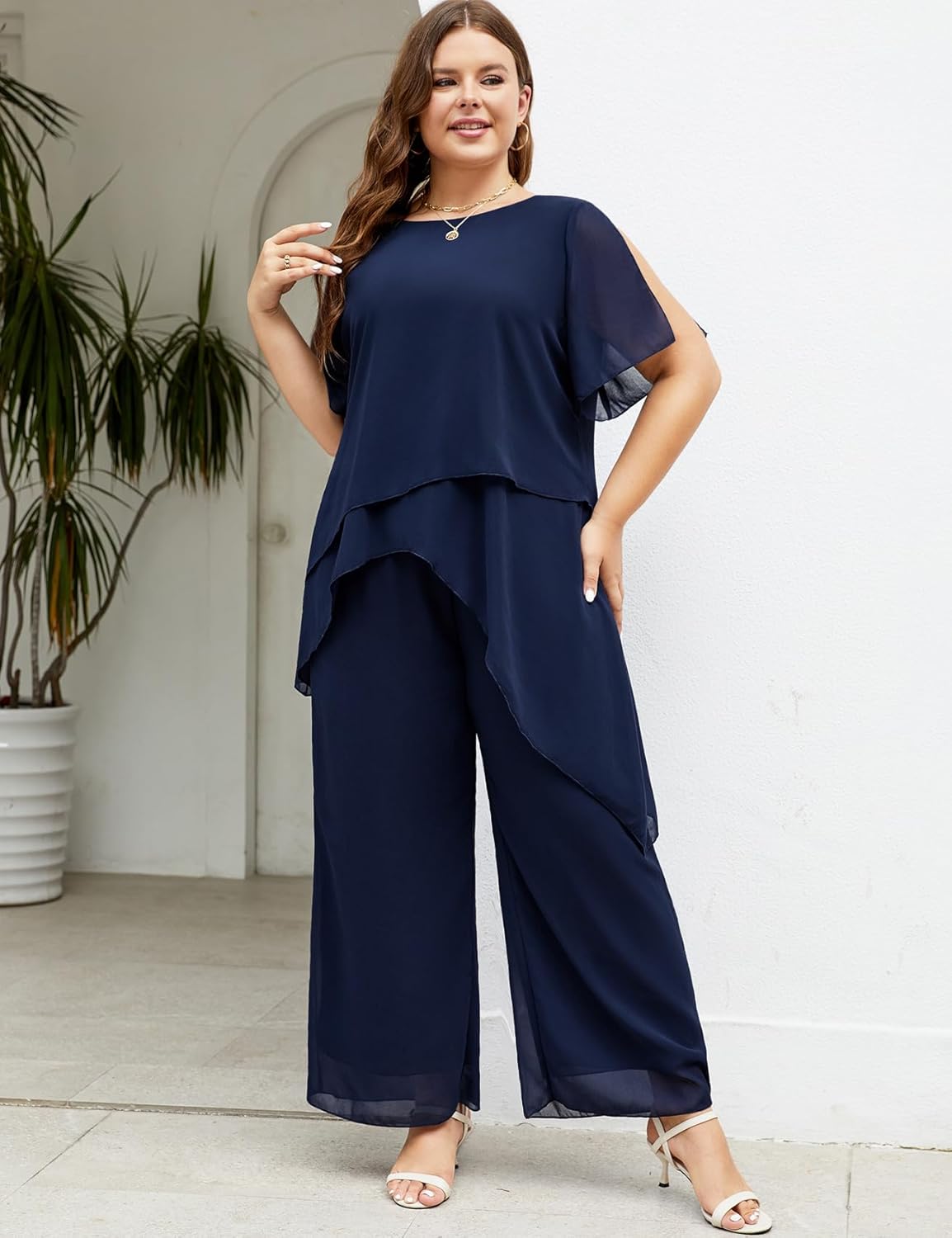 ZOMVA Plus Size Dressy Chiffon Pant Suit 2 Piece for Wedding Mother of The Bride Groom Formal Set Elegant Outfit