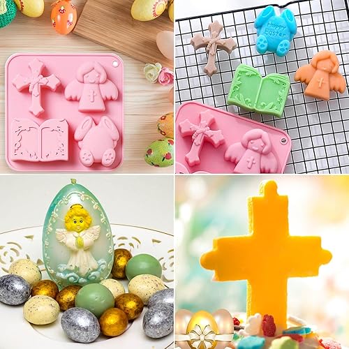 Miniatura 6 de Paquete de 3 moldes de silicona de conejo de Pascua para hornear, moldes grandes de silicona para huevos de Pascua, pavo y cruz, molde de chocolate