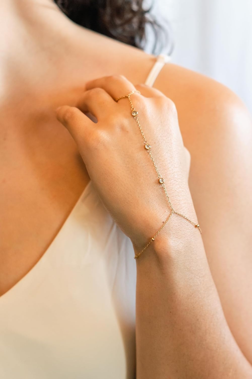 Diamond Ring 14K Gold Chain Bracelet - 2mm Hand Finger Non-Tarnish and Waterproof Bracelets for Women 5.5" to 7" length, Small, Cubic