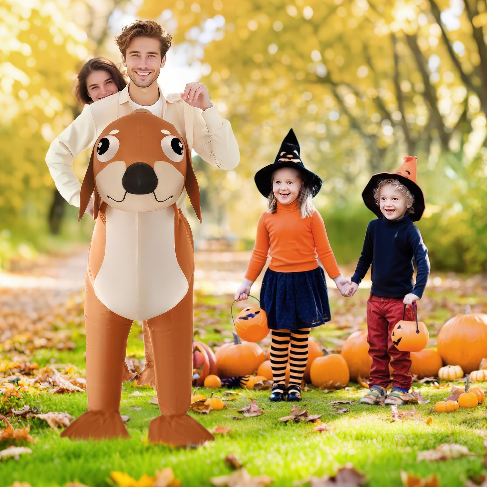 Poptrend Disfraz inflable de perro salchicha doble para adulto, disfraz inflable doble para perro, disfraz de perro salchicha para Halloween, disfraces divertidos de fiesta