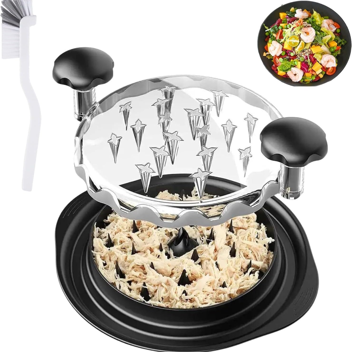 Broyeur de poulet Twist avec couvercle transparent - Broyeur de viande - Broyeur de poitrine de poulet - Brosse de nettoyage - Résistant à la chaleur - Antidérapant - Poignée ergonomique - Passe au