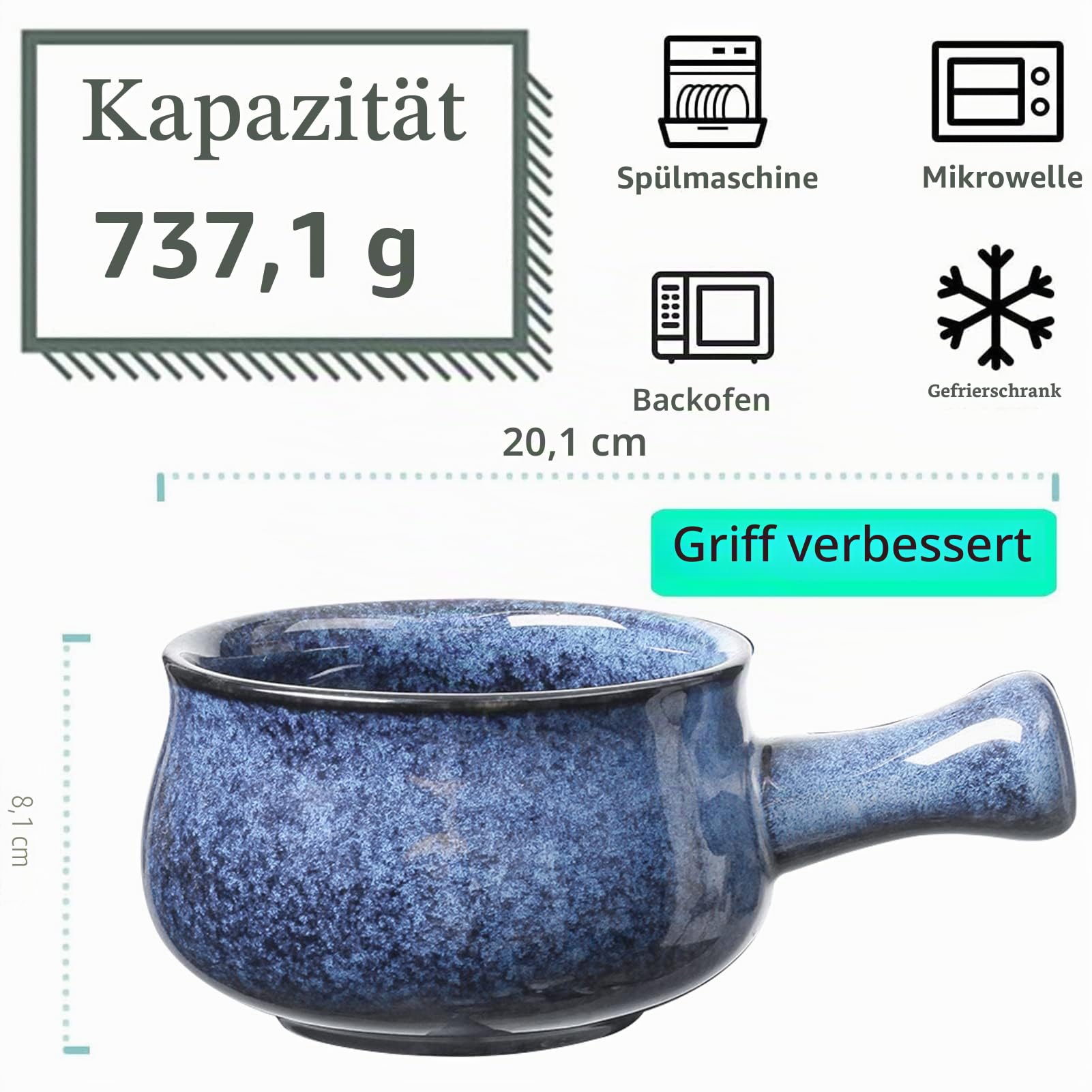 vicrays 4er Set Porzellan Suppenschüsseln mit Griff, Keramik Schüsseln, Ofenfest Backgeschirr zum Servieren von Chili, 740 ml für Suppe, spülmaschinenfest, mikrowellengeeignet(blau)