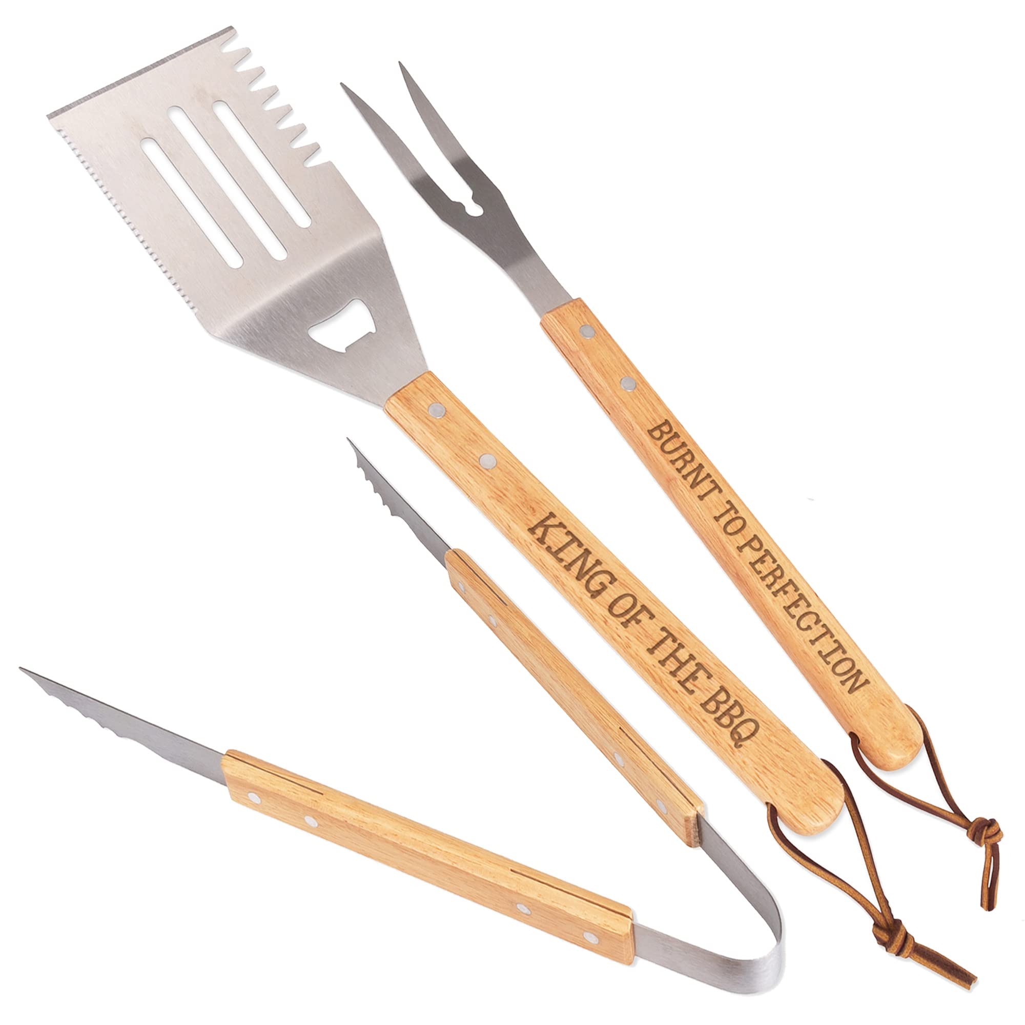 Gift Base Personalised BBQ Tongs Tool Set 3 Piece Stainless Steel With Wooden Handle Custom Message Fathers Day