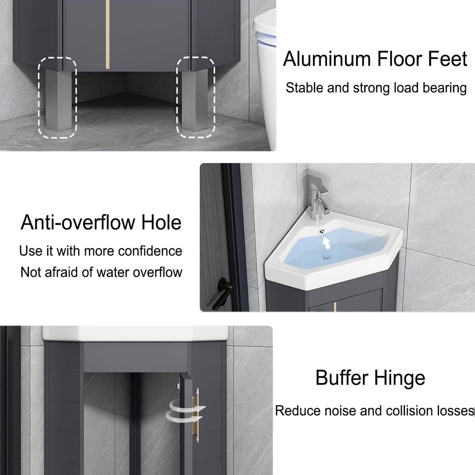 Lavabo de baño esquinero que ahorra espacio, tocador montado en el suelo con almacenamiento, perfecto para baños pequeños y balcones (15in / 38 cm), diseño elegante y funcional