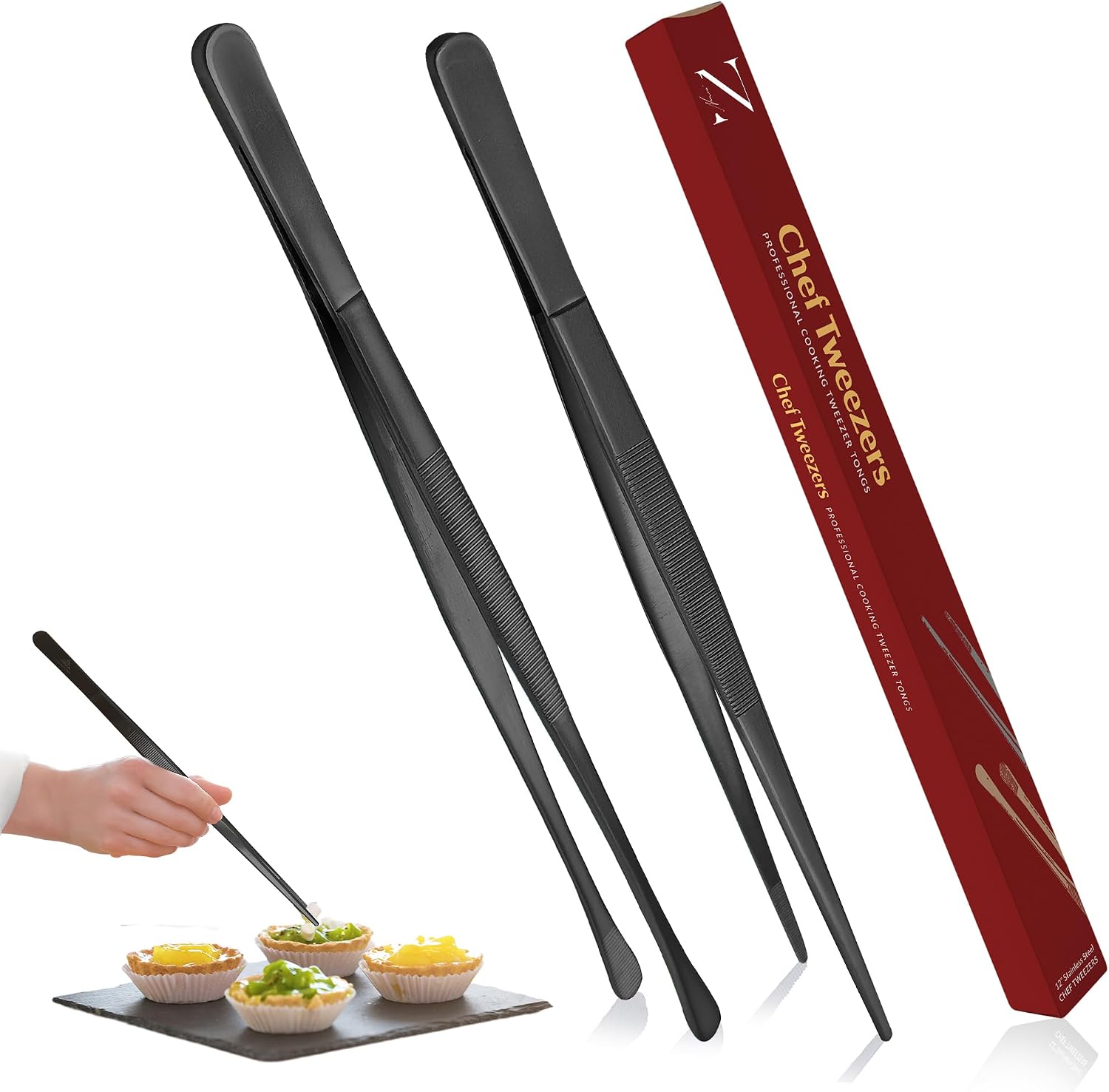Namre Tweezer Tongs– 2 Pcs 12- Inch Stainless Steel 18/10 Thin Chopstick Precise & Strong Chef Tweezers for Food & Small Objects, Cooking Tongs for BBQ and Grills - 12 Inch - (Black)