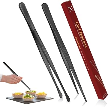 Namre Tweezer Tongs 2 Pcs 12- Inch Stainless Steel 18/10 Thin Chopstick Precise & Strong Chef Tweezers for Food & Small Objects, Cooking Tongs for BBQ and Grills - 12 Inch - Black