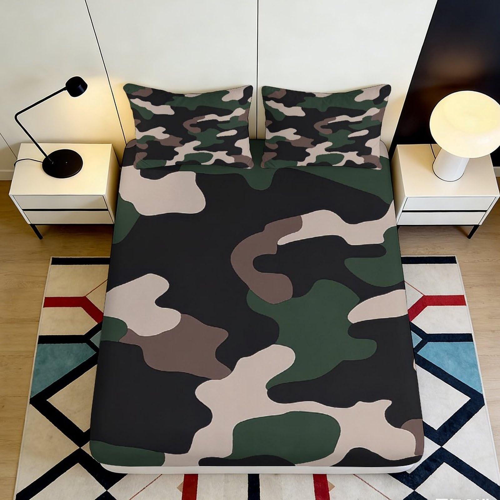3D Printed Camouflage Jungle Fitted Sheet Microfiber Soft Anti-Slip Military Camo Bed Cover for Bedroom Dorm Apartment Mattress Protection Decor 90x200x25cm