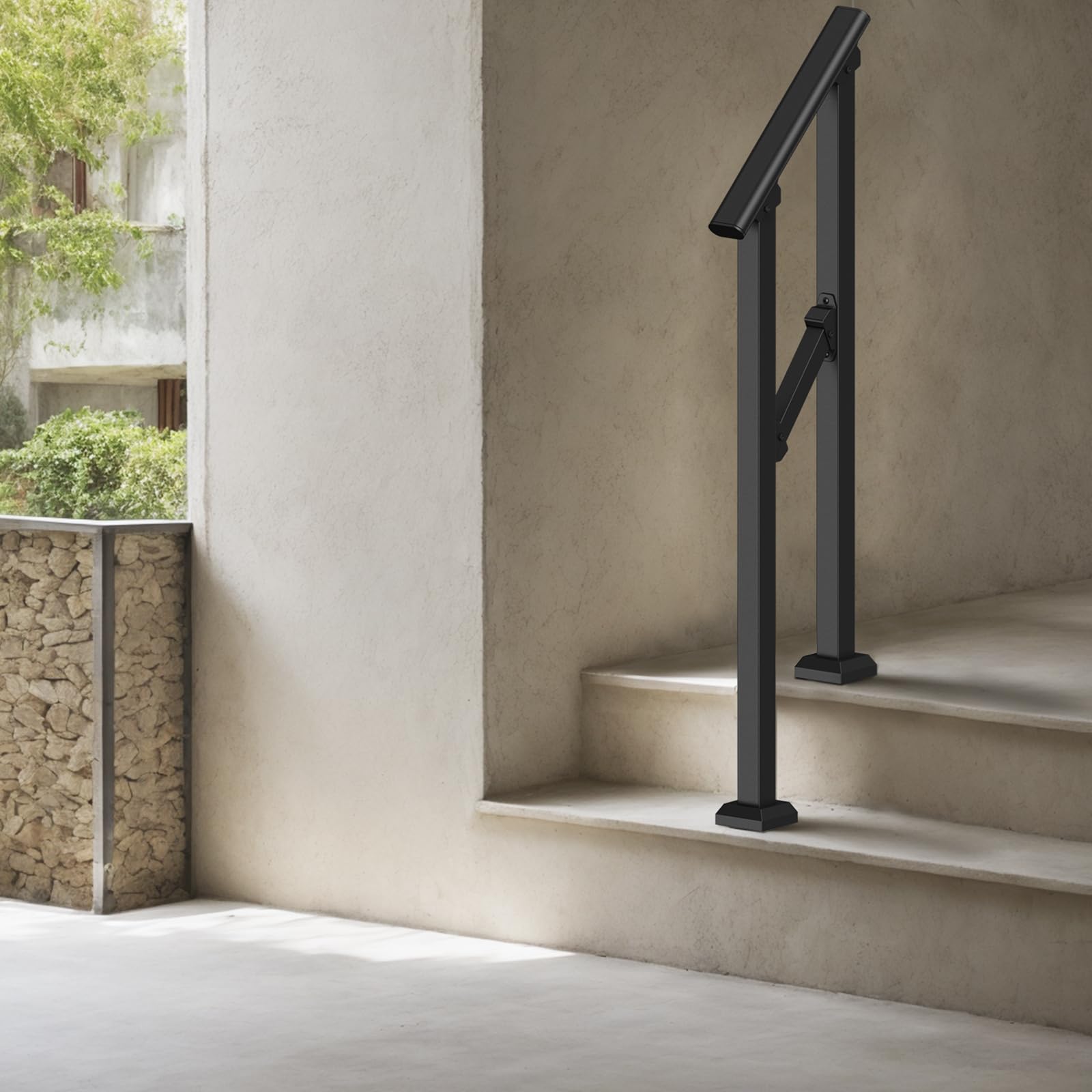 VEVOR Barandilla de Escalera para Pasamanos de Escalera de 1-2 Escalones con Kit de Instalación Tubo Cuadrado de Acero al Carbono para Personas Mayores, Escalones de Concreto, Porche, Patio, Negro