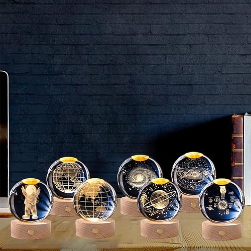 Miniatura 2 de Surakey Sistema solar 3D bola de cristal luz nocturna base de madera regulable 3.15 pulgadas modelo planeta lámpara de luz nocturna USB ahorro de