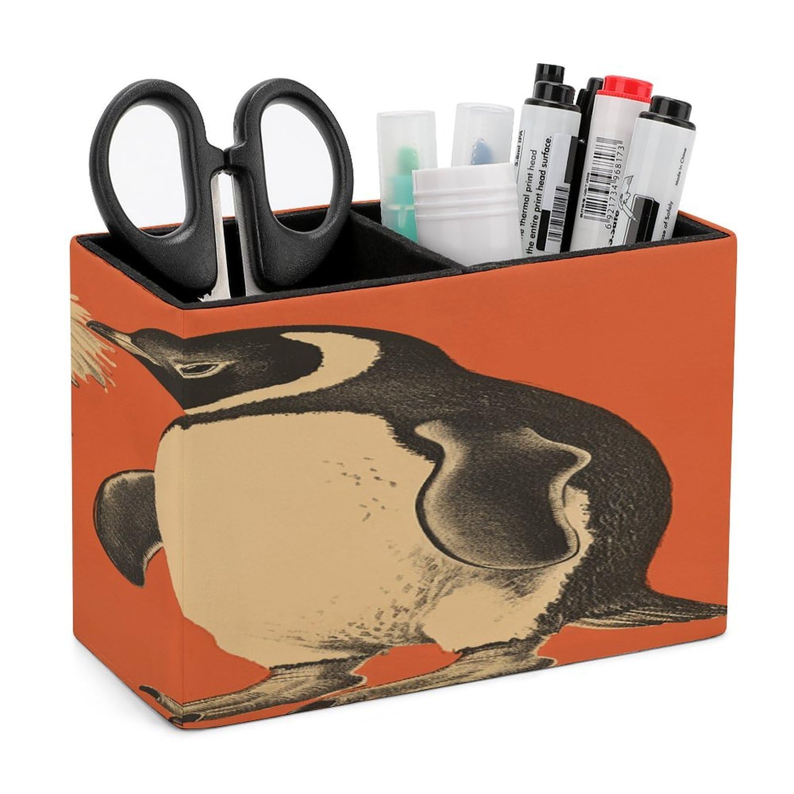 VstaDank A Flower And Penguin Pencil Holder for Desk(Double Slots) Fashion Leather Pencil Cup Simple Rectangular Shape Pen Holder Multi-Functional Pen Cup for Home Office Supplies Storage