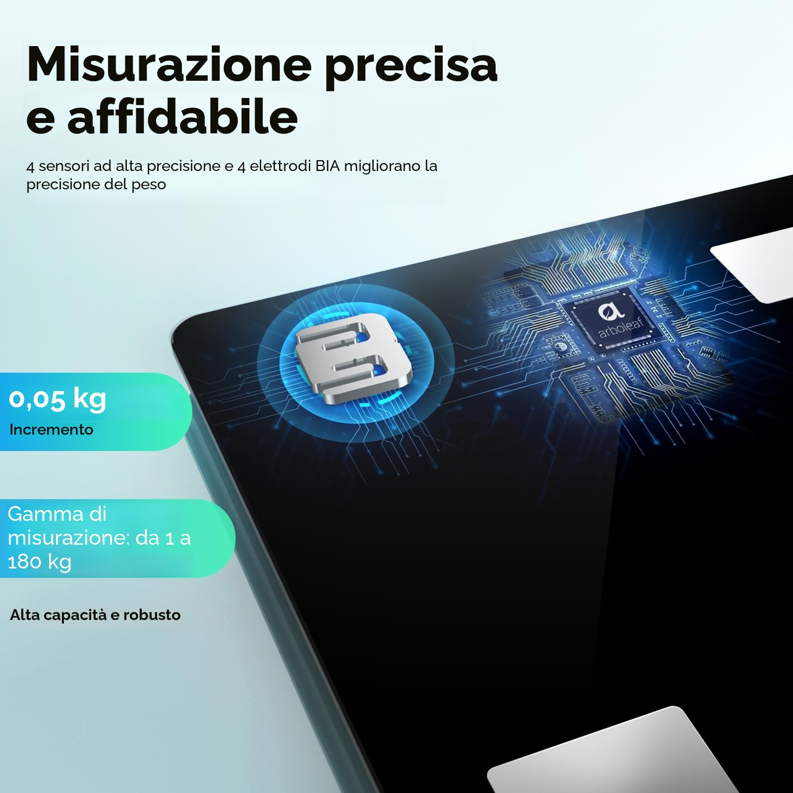 arboleaf Bilancia per il peso corporeo, bilancia da bagno Bluetooth con Smart APP, bilancia pesapersone digitale ad alta precisione per BMI, analizzatore di composizione corporea 14, 400lb/180kg