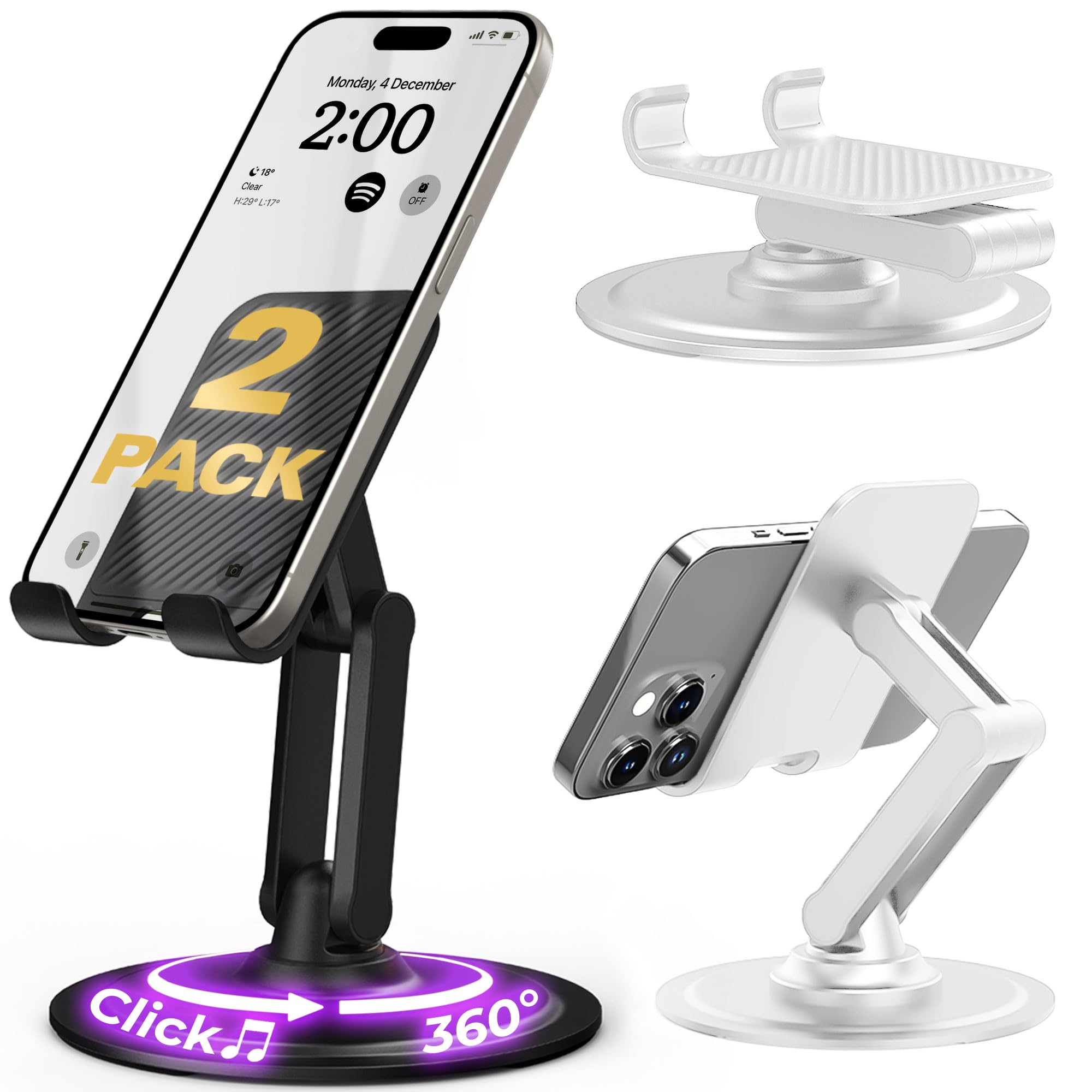 Cooper 360° Stand 2-Pack, Rotating Cell Phone Stand for Desk | Sturdy Metal Base, Foldable, Portable | Cell Phone Holder for Desk (Piano Black & Cream White)