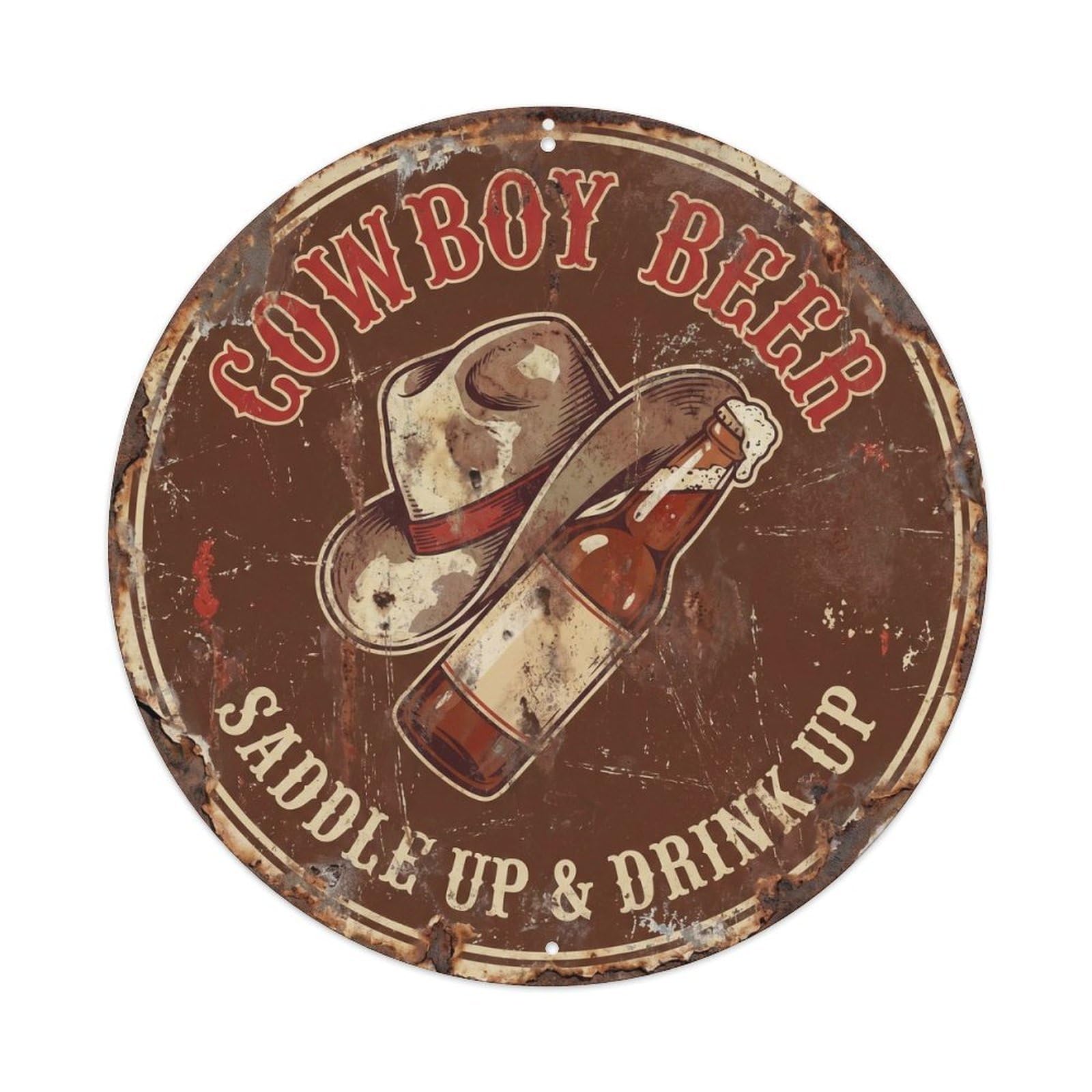 Retro Bar Style Cowboy Western Garage Beer Vintage Metal Tin Sign Plaque Wall Decor for Cafe, Club, Garden Round Metal Poster 8x8Inch