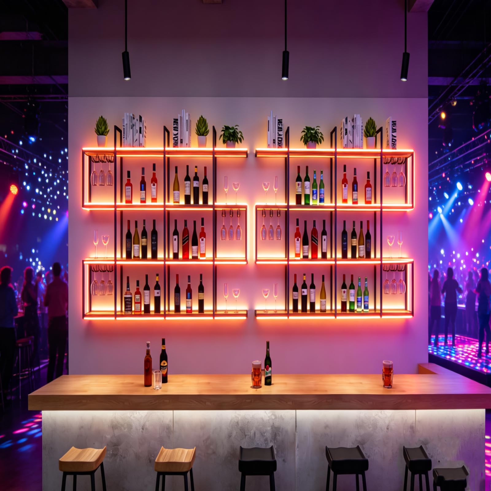 Botellero de Pared Metálico de 4 Niveles con Luz LED, Botellero Industrial de Pared para Vino, Soporte Vertical para Botellas y Copas para Bar, Cocina y Decoración del Hogar(Negro, 180cm)