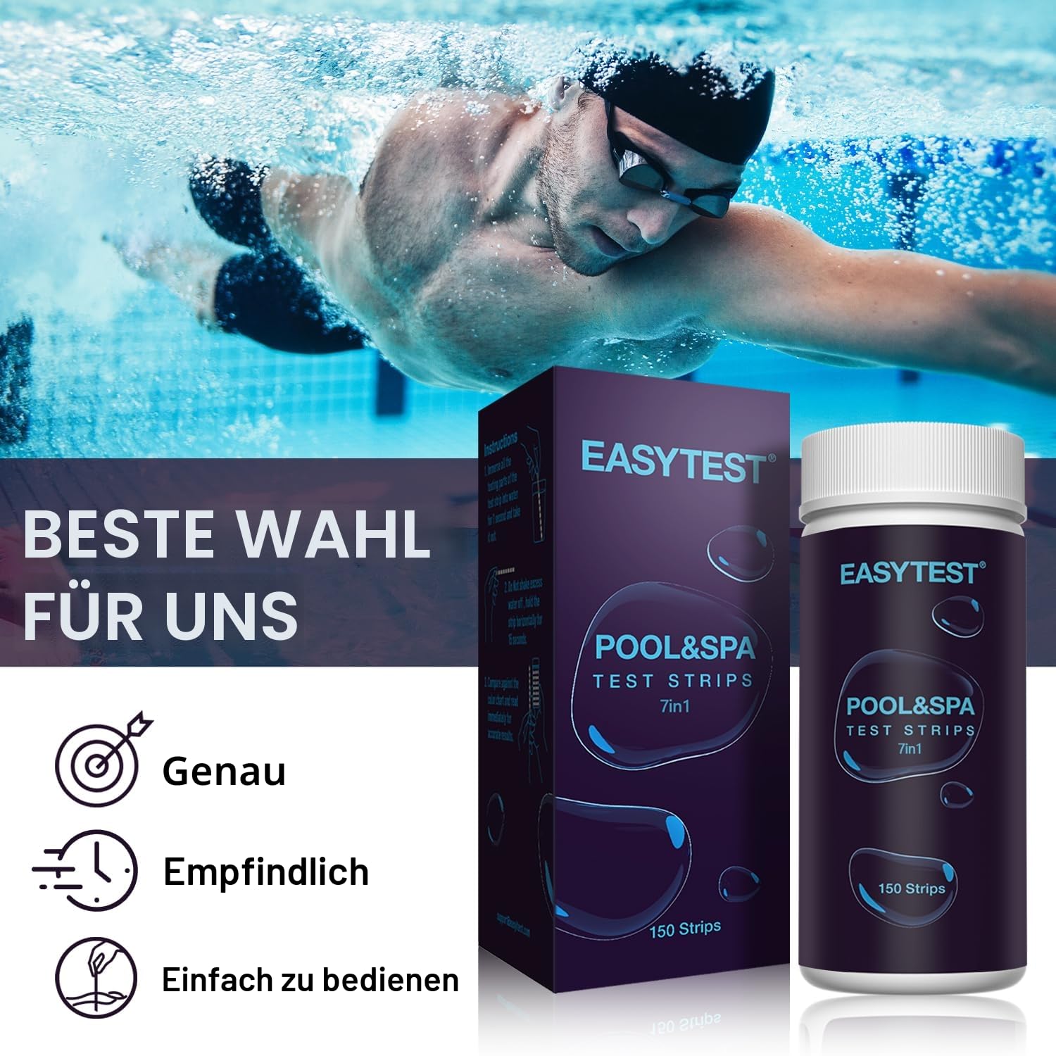 EASYTEST 7 IN 1 Pool Teststreifen für Pools und Spas - 150 - pH, Brom, Gesamtalkalinität, freies Chlor, Gesamthärte, Cyanursäure, Gesamtchlorprüfung mit schnellem und genauen Ergebnissen