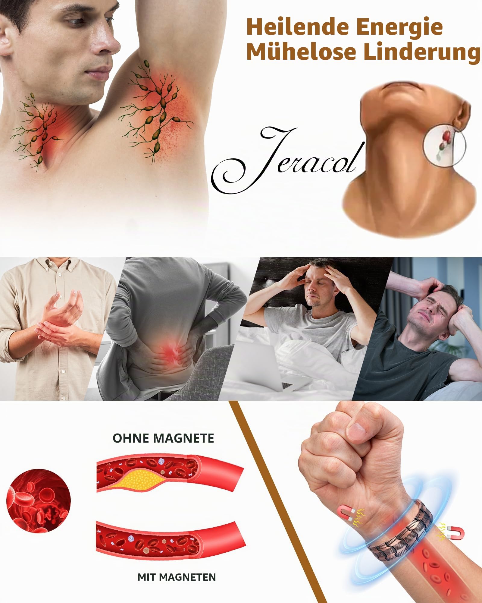 Jeracol 99,99% massives Kupfer, magnetische Armbänder für Herren, 3 x ultrastarke Magnete (3500 Gauss), magnetische Armbänder, Brazaletes zum Jahrestag, verstellbare Größe und Schmuck-Geschenkbox