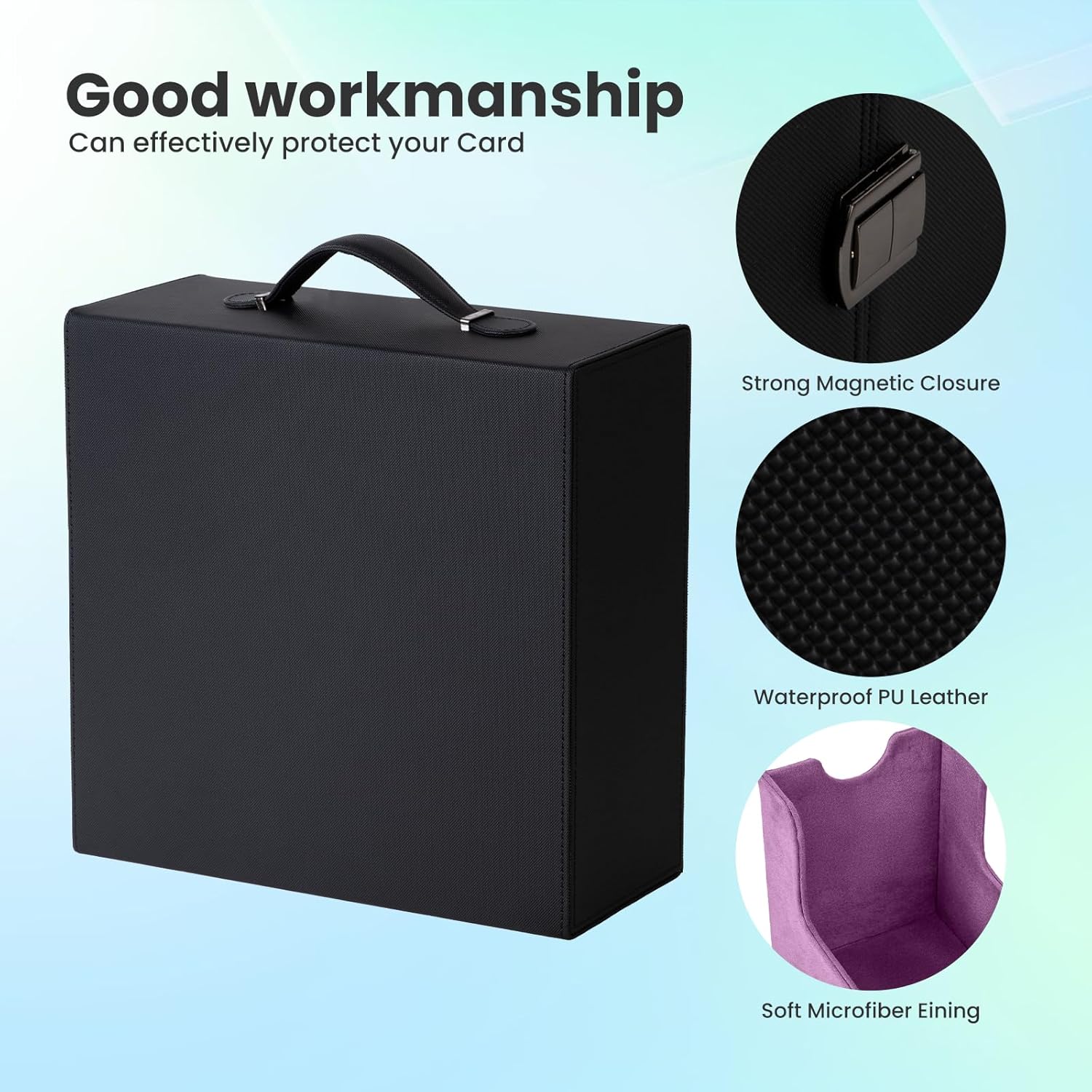 Collectible Trading Card Cases with Portable Handle, with 8 Colorful Divider Tabs&3 card supporters,PU Leather Commander Card Deck CaseforMTG Game Cards (3 Rows-Black&Purple)
