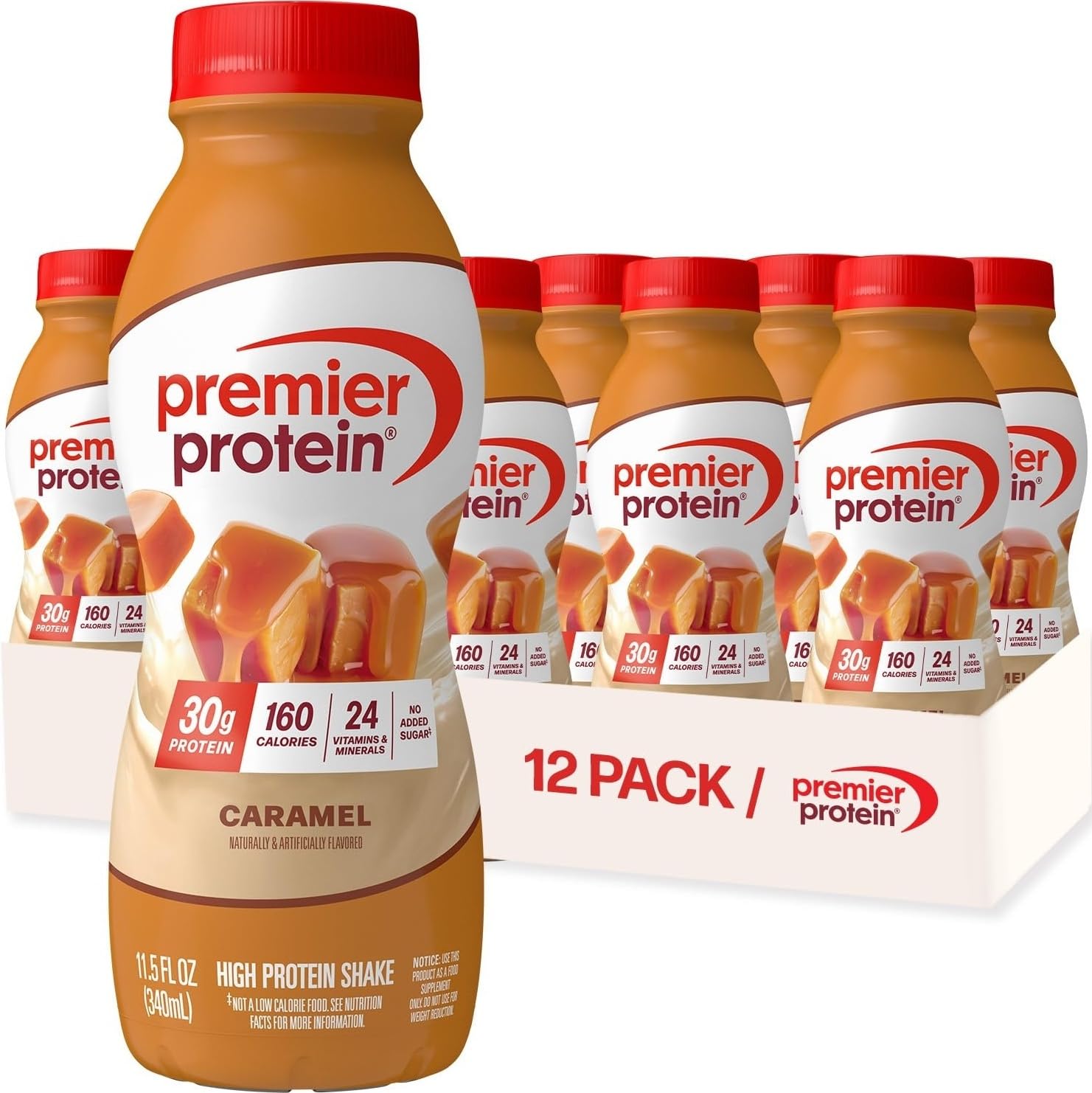 Premier Protein 30g High Protein Shake, Caramel, 12 Pack | 160 Calories, 24 Vitamins & Minerals, No Added Sugar, Supports Muscle Health, Gluten-Free, 11.5 oz Caramel 11.5 Fl Oz (Pack of 12)