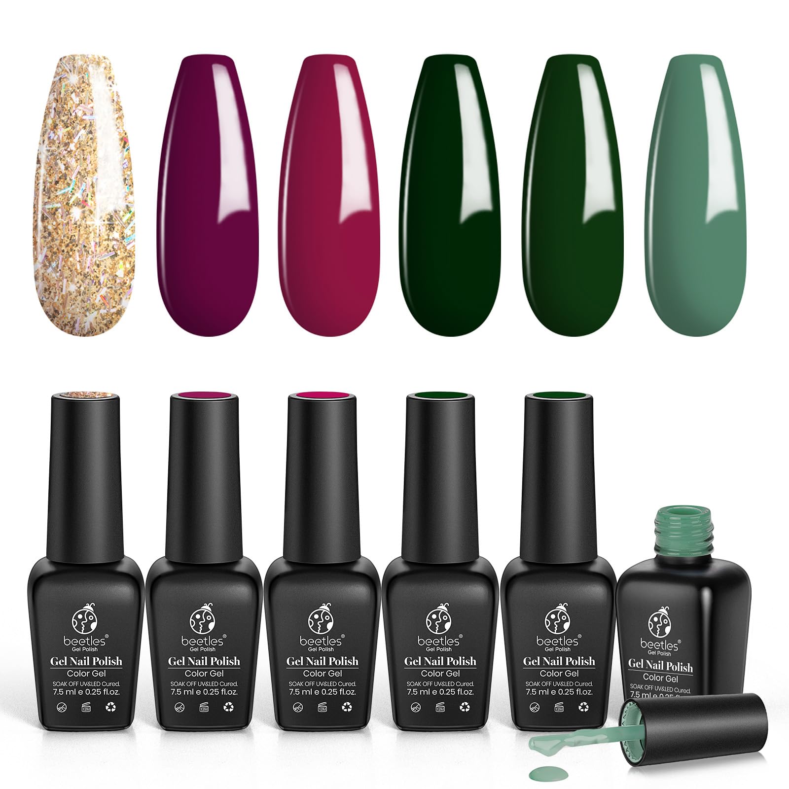 Beetles Green Gel Nail Polish Set, 6 Colors Tipsy Jazz Vibrant Emerald Green Red Golden Glitter Gel Polish Soak Off Gel Nail Art Beauty Gift Set for Women Girls