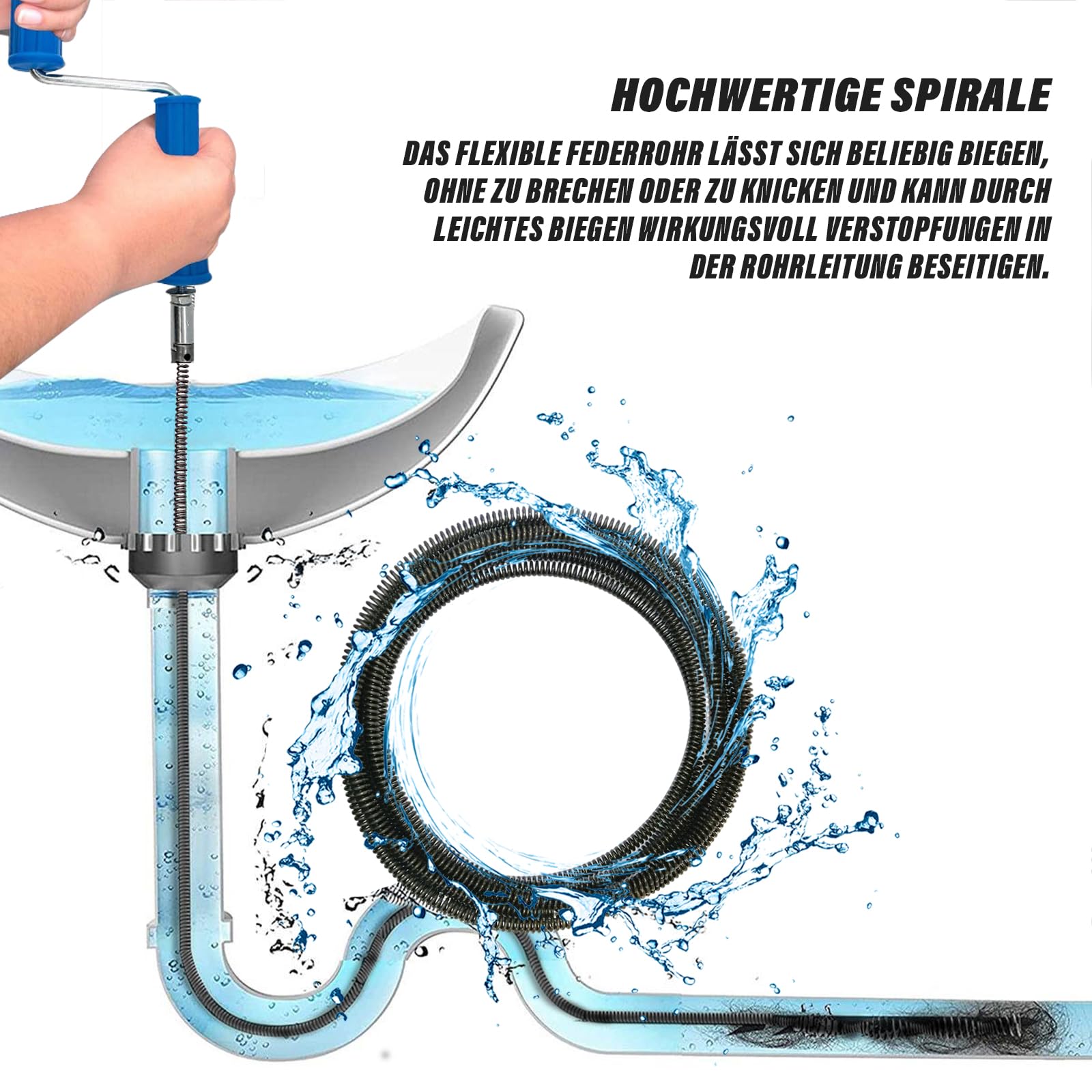 2Pcs Abflussreiniger Spirale Ø 12mm x 10m, WC Rohrreinigungsspirale mit Elektrischen/Manuellen Adaptern, 6 Abflussreiniger Schneidkopf, Multifunktionale Rohrreinigungswelle für Küche