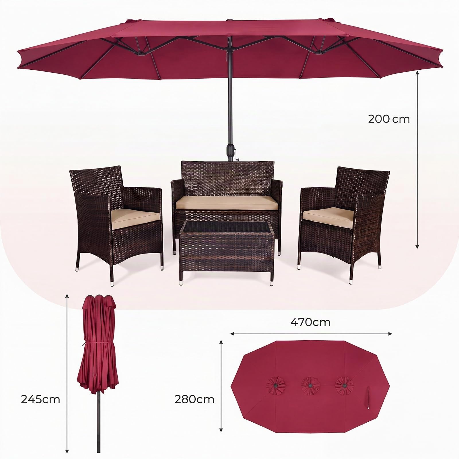 RELAX4LIFE Parasol de Jardin Extérieur 470X280 CM, Grand Parasol Double pour Jardin Terrasse Patio, Protection UV, Belaines Métalliques, Polyester Haute Densité, Manivelle, avec Attache (Bordeaux)