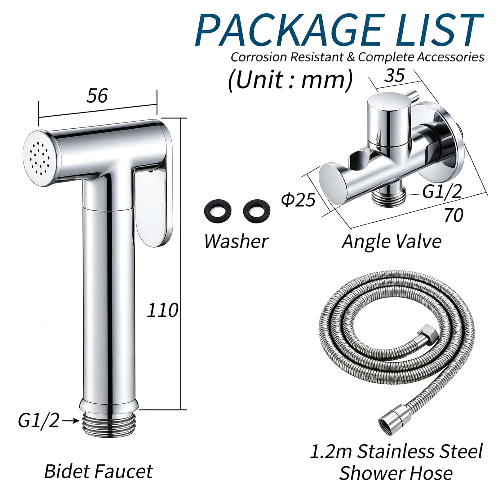 Bidet Portatile Kit Doccetta Bidet a Parete Ottone Doccetta per Bidet wc Acqua Fredda Handheld Bidet Spruzzatore Cromo Kit di Spruzzatore per Bidet con Tubo Doccia 1,2m