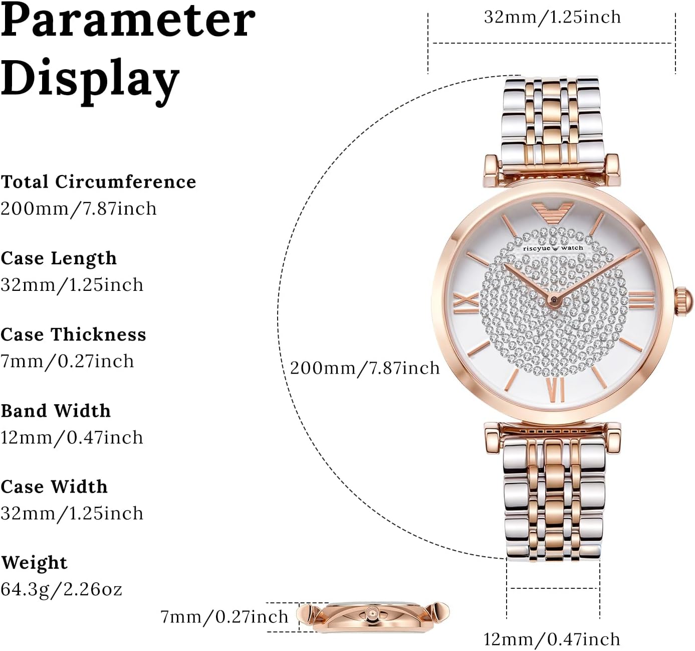 LEO RING Women's Luxury Crystal Diamond Watch - Big Face Round Dial with Roman Numerals, Two-Tone Stainless Steel Bracelet, Elegant Dress Quartz Wristwatch for Women - Image 4