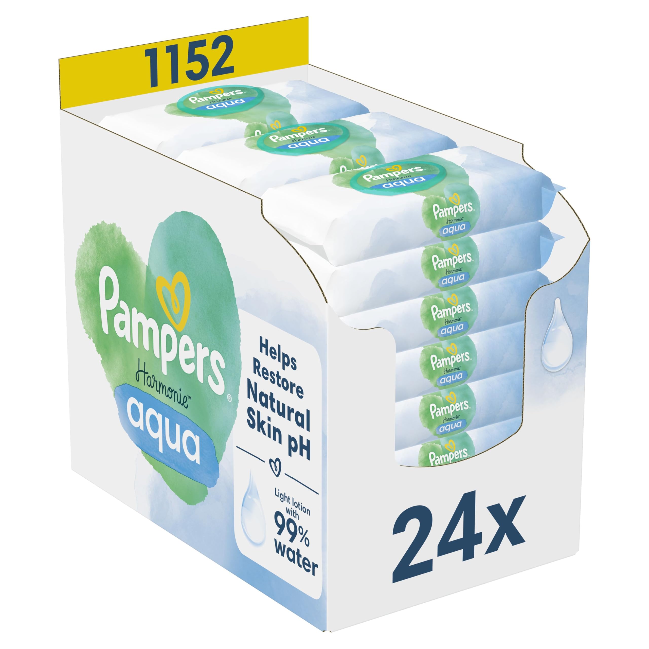 Pampers Harmonie Aqua, 1152 Lingettes pour Bébé (24x48), Sans Plastique, Certifié OEKO-TEX, Protection De La Peau Délicate Avec 99% D’Eau, Aide à restaurer le pH naturel de la peau