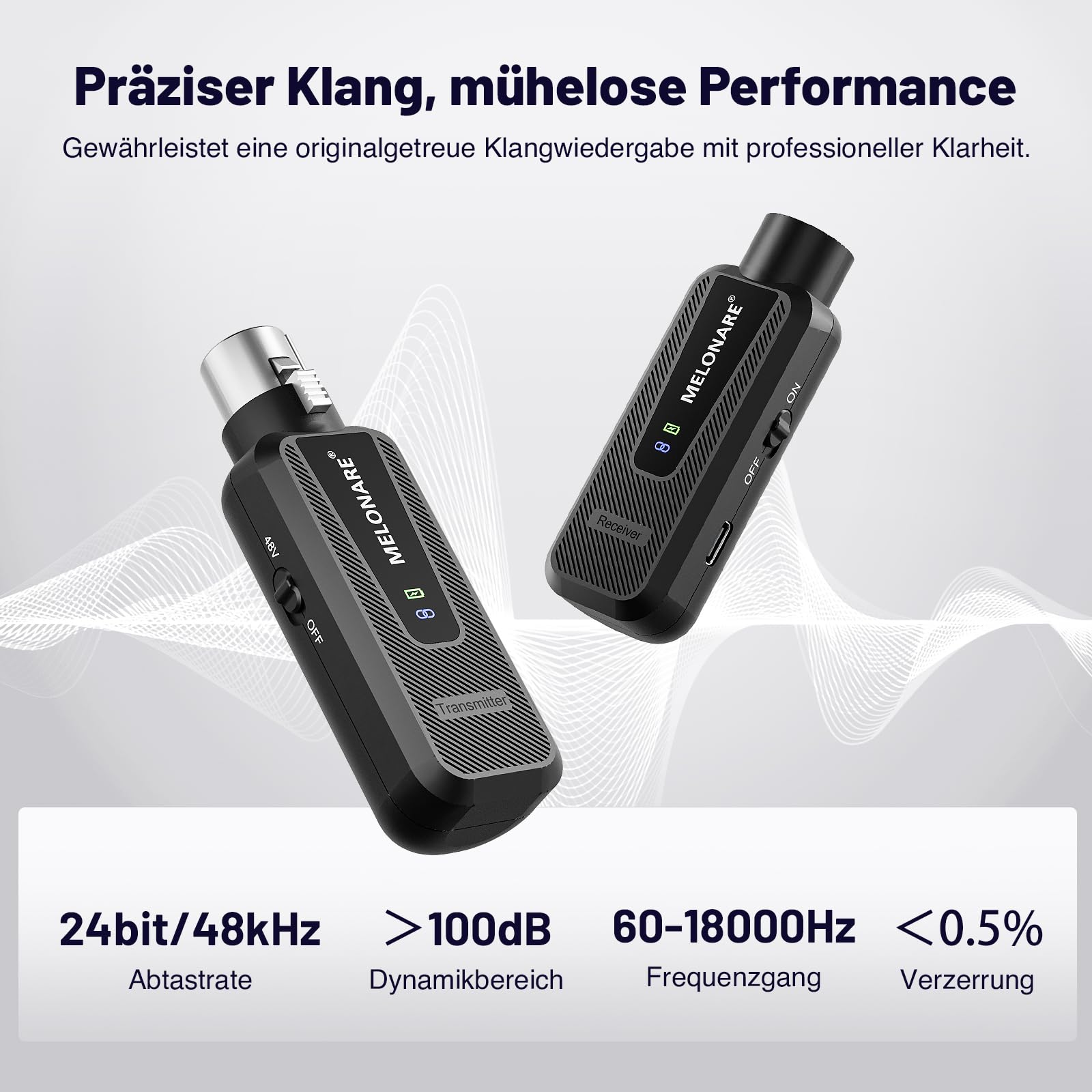 MELONARE Drahtloser XLR Plug On Mikrofon Adapter UHF MX-1 | Drahtloser XLR-Sender und -Empfänger, 50 m Reichweite, 48 V Phantomspeisung, UHF 900 MHz, für Mikrofon, Mixer und PA