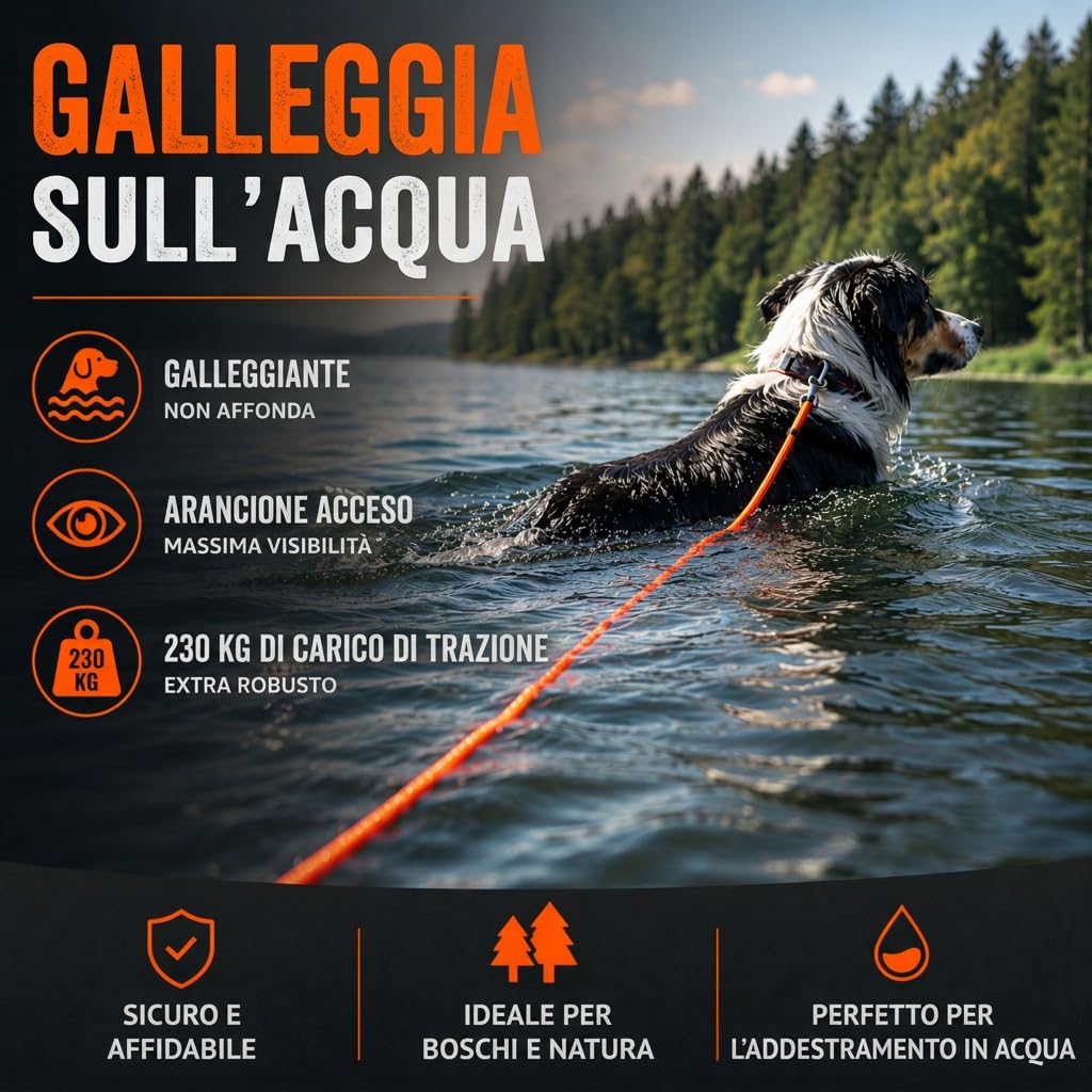 Guinzaglio galleggiante per cani, senza cinturino da polso, 10 m, arancione brillante, robusto guinzaglio da campo con moschettone girevole, carico di trazione 230 kg, guinzaglio da addestramento per
