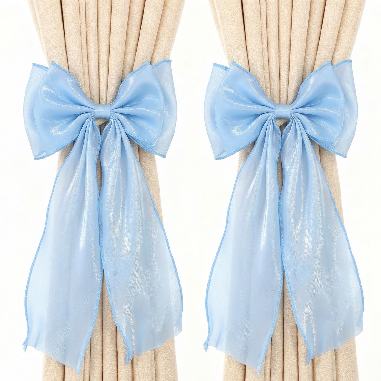 2 Pack Bow Curtain Tiebacks, Blue Curtain Tie Backs Holdbacks French Silk Bow Room Decor, Elegant Decorative Curtains Strap for Home Bedroom Offices Dining Rooms Wedding Party Décor (Blue)