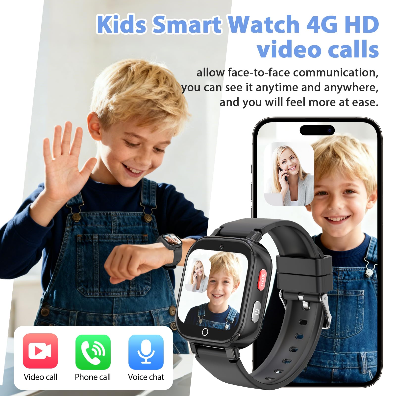 Smartwatch Bambini, Orologio Bambina con GPS, IP68 Smartwatch Bambino Chat Video/Vocale/WIFI/Ricezione SMS SOS Modalità Scuola Piccolo Orologio per Bambini, Regali Bambino Dai 4 Anni in Su, Nero