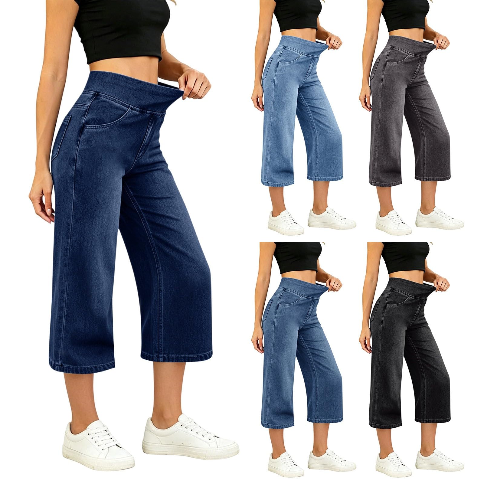 Générique Jean Femme Taille Elastique 7/8 Jeans Elastique Femme Jean Push Up Slim Pantalon Taille Haute Décontracté Jeans Coupe Droite Pantacourt Y2k éTé Essentials