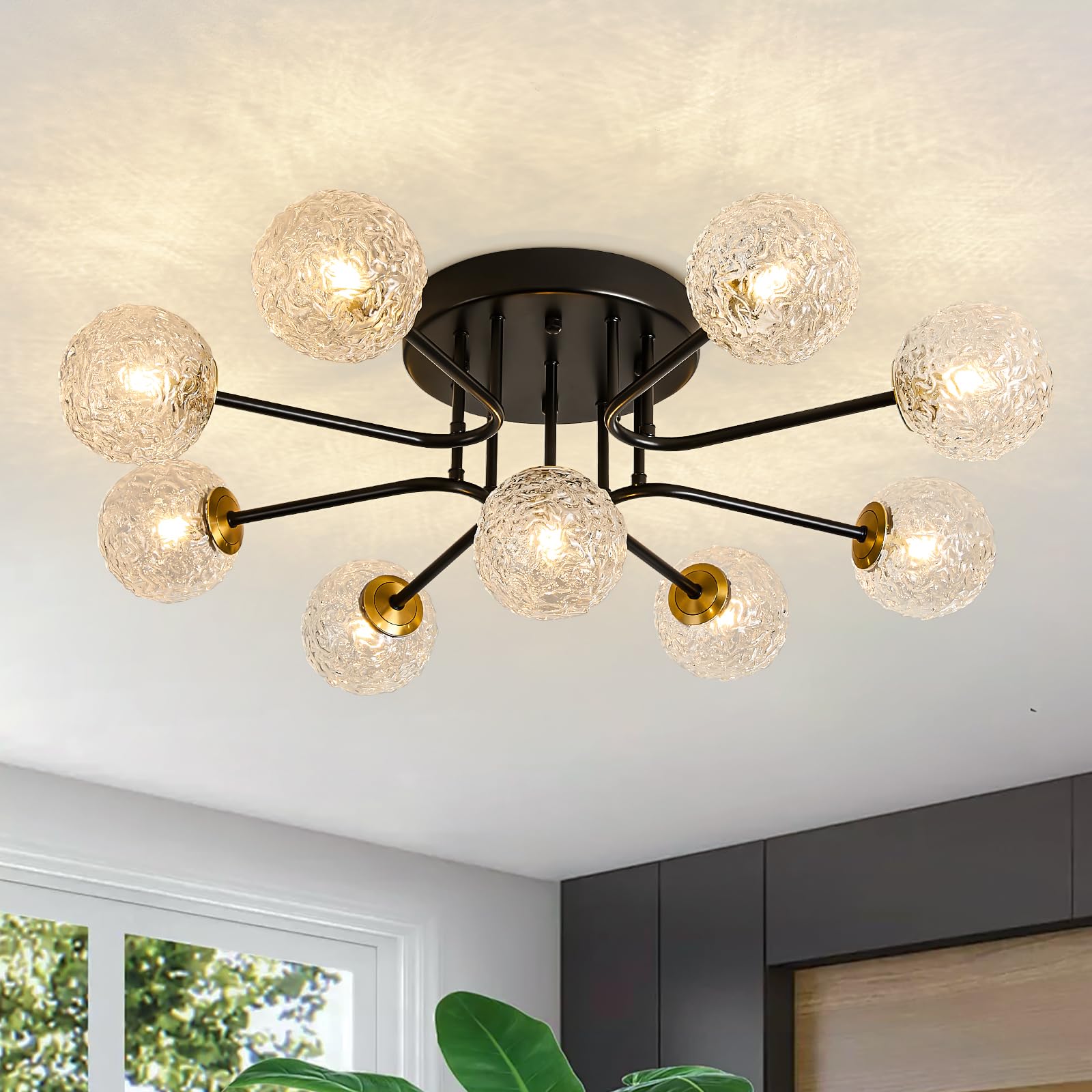 Sputnik Semi Flush Mount Ceiling Light Black Glass Globe Ceiling Lighting Modern Close to Ceiling Light for Living Room Dining Room Bedroom Kitchen