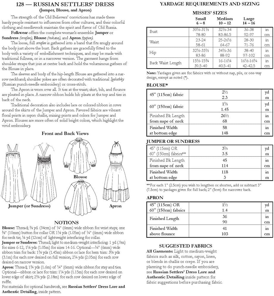Folkwear Russian Settlers' Dress #128 Jumper Blouse Apron Traditional Sewing Pattern (Pattern Only) folkwear128