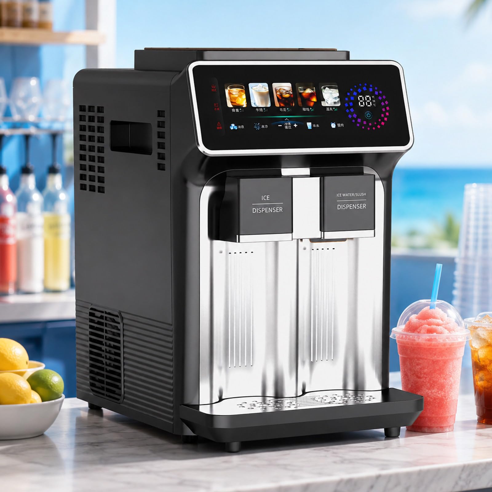 lilishangmao Countertop Ice Maker Machine, 3-in-1 Ice Cube Maker with Chilled Water and Icy Drink Function, 15kg/24H Output, 1kg Ice Storage, Compact Ice Maker for Home Bar and Office