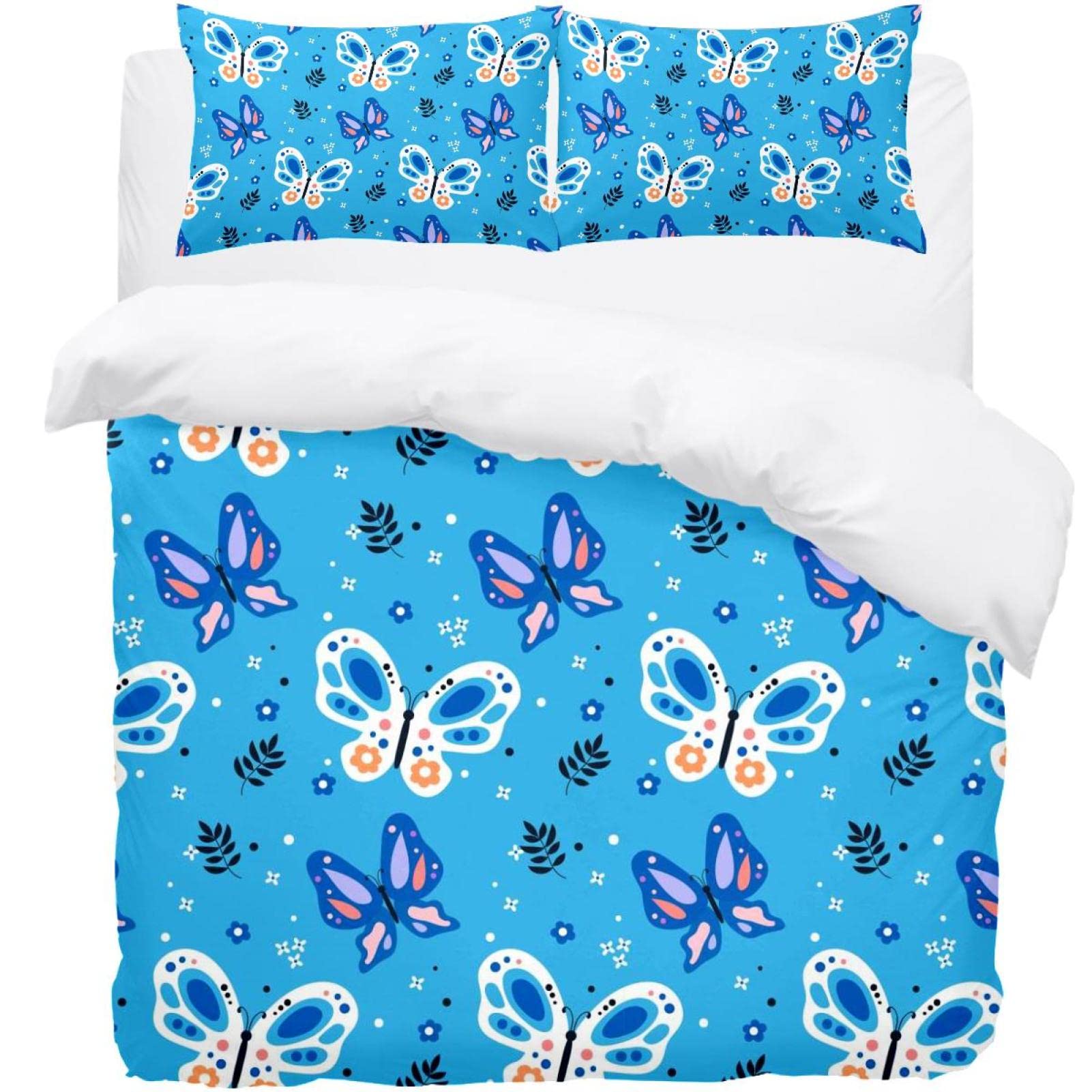 Parure de lit papillon bleu anti-plis et facile d'entretien avec housse et taie