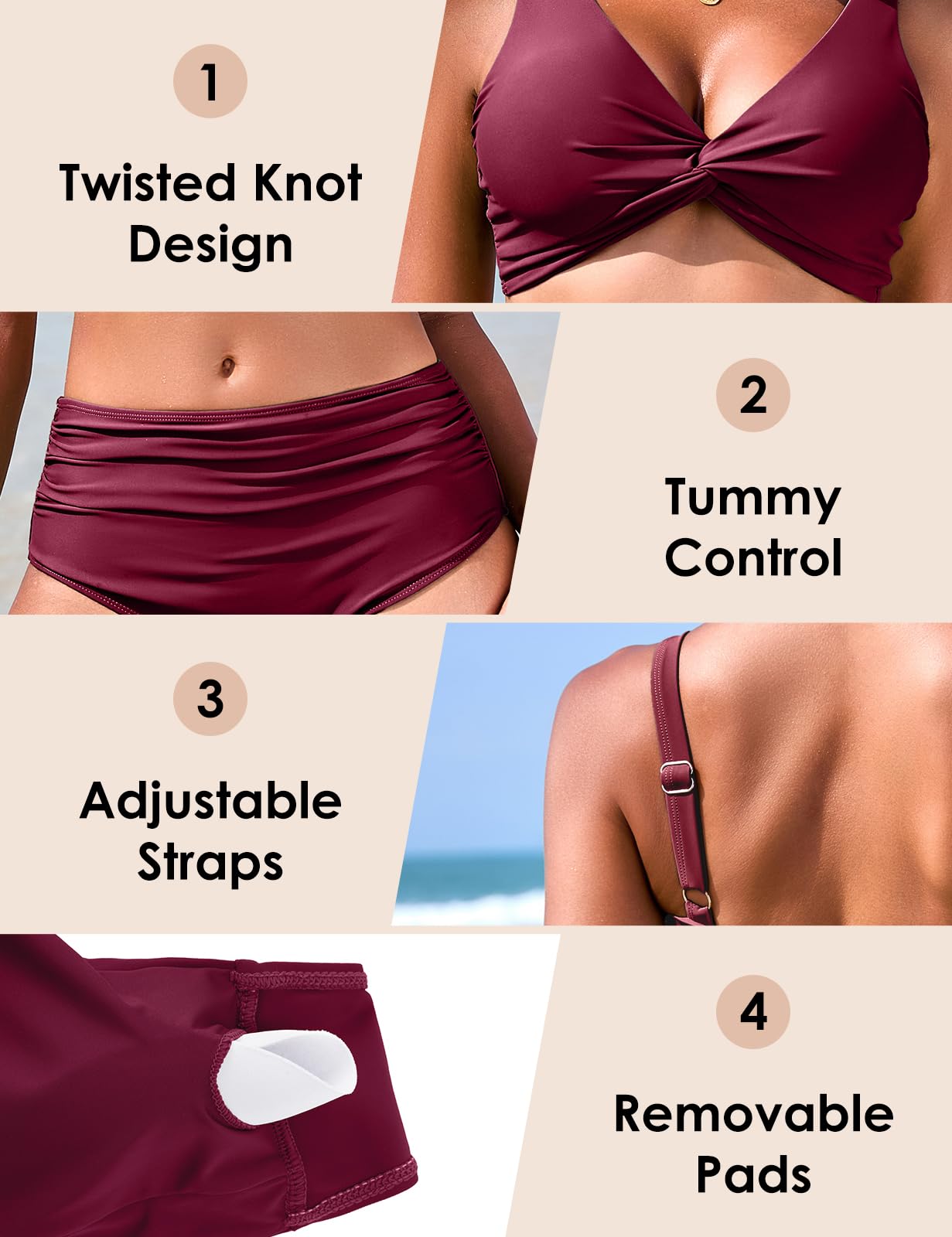 Damen Push Up Bikini Set Sexy V Ausschnitt Twist Oberteil Bauchweg Badeanzug mit Verstellbaren Trägern High Waist Hose Bademode für Strand & Pool