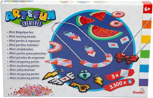 Simba Art and Fun 106374632 - Mini collar y arete de cuentas de planchado, 3300 cuentas, 3 tableros de clavijas, papel de planchar, 4 clips para las