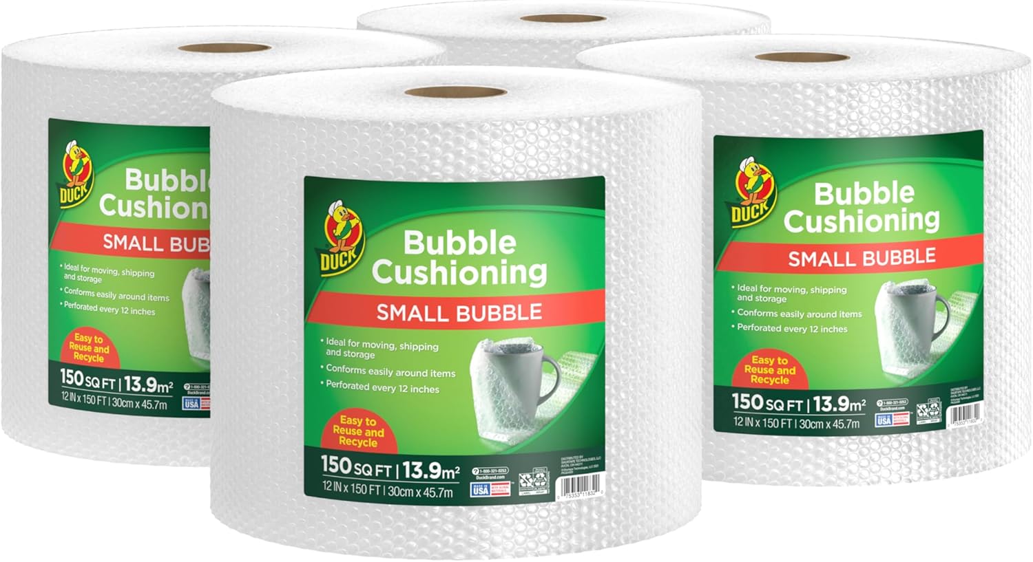 Duck Brand Small Bubble Cushioning Wrap for Moving, Shipping & Mailing, 600 FT Bubble Packing Wrap Extra Protection Packaging Boxes & Mailers, Clear Bubble Roll Moving Supplies 150 FT Each 4 Rolls 12 in. x 600 ft.